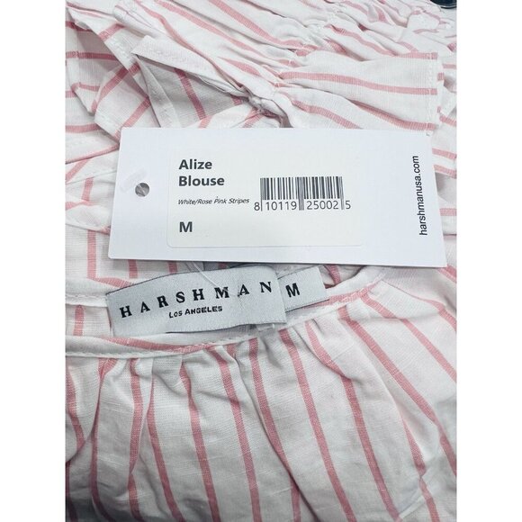 Harshman Alize Striped Ruffle Trim Peplum Linen Blouse Top Medium Pink White - Picture 5 of 7